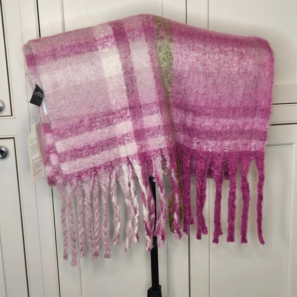 Save the Ocean Pink Plaid Recycled Scarf Oversized Fringe HX-S02 Nordstrom NEW